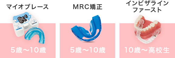 マイオブレース（5～10歳）・MRC矯正（5～10歳）・インビザラインファースト（10歳～高校生）