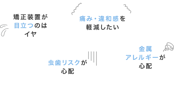 矯正装置が目立つのはイヤ、虫歯リスクが心配、痛み・違和感を軽減したい、金属アレルギーが心配